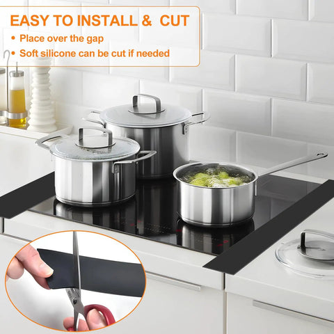 Silicone Stove Gap Covers Two Pack 21 Inch Gap Filler With Non Slip Mirror Base shown on kitchen stove, easy cut feature.