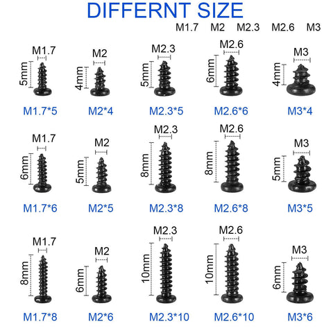 750 Piece Self Tapping Screws Set M1.7 Through M3 Phillips Pan Head Cross Recessed Carbon Steel Black For DIY Electronics And Gadgets