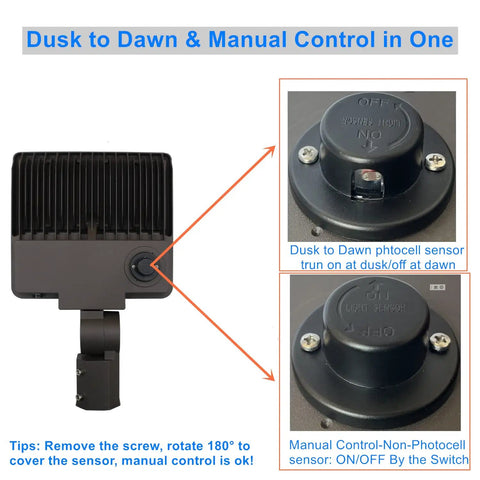 Go To 150W Outdoor LED Parking Lot Light With Slipfitter Mount showing dusk to dawn photocell and manual control options