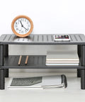 TV And Monitor Riser Desk Stand With Sturdy Metal Frame, Large 14.6 Inch By 9.3 Inch Platform, Supports Up To 44 Lbs, displaying clock and items