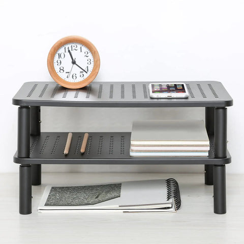 TV And Monitor Riser Desk Stand With Sturdy Metal Frame, Large 14.6 Inch By 9.3 Inch Platform, Supports Up To 44 Lbs, displaying clock and items