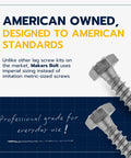 Heavy Duty Lag Screw Kit Quarter Inch By One And One Half Inch Lag Screws With One Hundred Flat Washers Hot Dip Galvanized For Outdoor Wood Projects Meets ASTM A307 ASME B18 2 1 Industrial Commercial Grade, close-up of galvanized lag bolts on blue background with text about American standards.