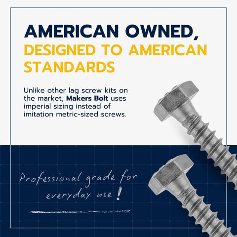 Heavy Duty Lag Screw Kit Quarter Inch By One And One Half Inch Lag Screws With One Hundred Flat Washers Hot Dip Galvanized For Outdoor Wood Projects Meets ASTM A307 ASME B18 2 1 Industrial Commercial Grade, close-up of galvanized lag bolts on blue background with text about American standards.