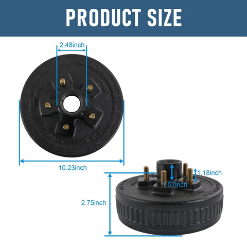JDMSPEED trailer brake hub drum, front view; 10.23 in diameter with 2.48 in center bore, 5 on 4.5 in bolt pattern, black cast iron