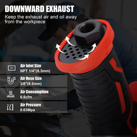 Professional 1/2 Inch Air Impact Wrench Packs Tough As Nails 1560 Ft Lbs Of Raw Power Into A Lightweight Rubber Grip Design showing downward exhaust feature.