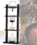Premium 1000Ml Glass Cold Brew Coffee Maker Featuring Slow Drip Tower System, elegant black wood frame, glass carafe.