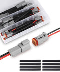 Hella Rugged 2 Pin DT Style Connector Kit Includes 8 Sets Of Sealed Waterproof Receptacles With 16 AWG Wire, displayed in plastic box.