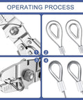 100Ft Wire Rope Crimping Tool Kit With 304 Stainless Steel Cable 7x7 Strand Core 1.5mm, showing crimping and loop creation steps.