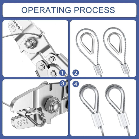 100Ft Wire Rope Crimping Tool Kit With 304 Stainless Steel Cable 7x7 Strand Core 1.5mm, showing crimping and loop creation steps.