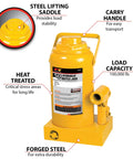 Rugged 50 Ton Hydraulic Bottle Jack With Low Profile Design For Tight Spaces, labeled features, yellow steel body, 11 3/4 to 18 7/8 inch lift.