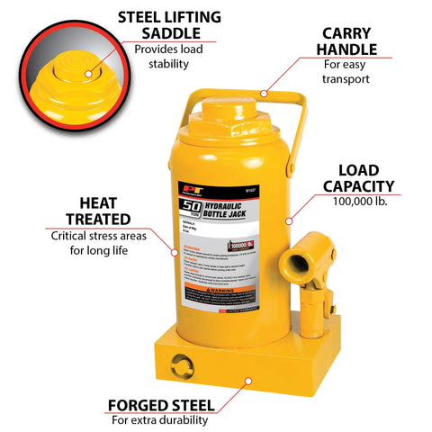 Rugged 50 Ton Hydraulic Bottle Jack With Low Profile Design For Tight Spaces, labeled features, yellow steel body, 11 3/4 to 18 7/8 inch lift.