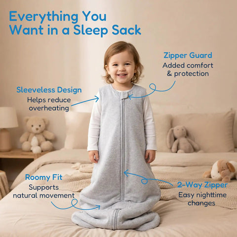 Toddler wearing Toddler Sleep Sack 1.0 TOG For 2T 3T 4T, Soft Wearable Blanket Baby Sleep Bag With Two Way Zippers For Safe Sleep in grey.