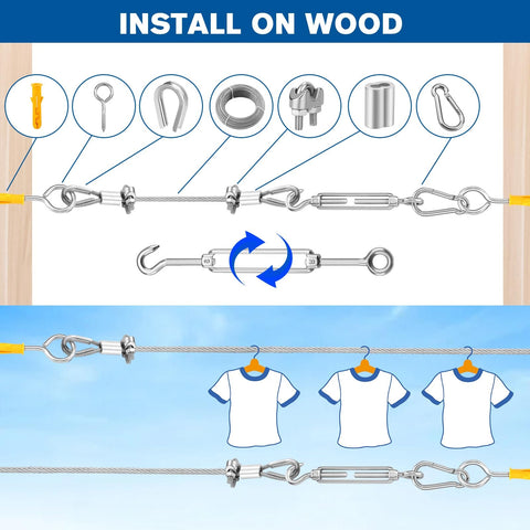 Heavy Duty 220 Feet One Eighth Inch Vinyl Coated 304 Stainless Steel Wire Rope Kit With Turnbuckles installation diagram.