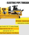 Heavy Duty 220V Electric Pipe Threader Workhorse With Rock Solid Speed Grip Chuck For Cutting One Half To Three Inch Conduits Includes Six Bspt And Npt Die Sets For Knucklebuster Plumbing Jobs, features gear pump and chuck capacity shown.