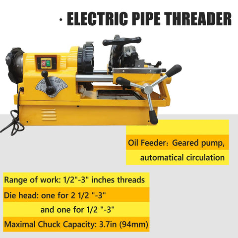 Heavy Duty 220V Electric Pipe Threader Workhorse With Rock Solid Speed Grip Chuck For Cutting One Half To Three Inch Conduits Includes Six Bspt And Npt Die Sets For Knucklebuster Plumbing Jobs, features gear pump and chuck capacity shown.