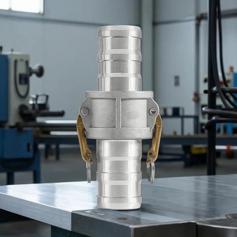 Heavy Duty Six Inch Female Cam Lock Coupling Machined From Rugged Aluminum Alloy With Quick Release Design on a workbench.