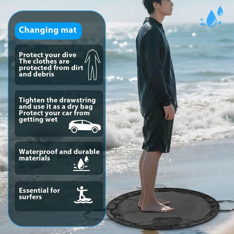 Man standing on 2 In 1 Wetsuit Change Mat And Dry Bag Waterproof Beach Gear Organizer For Surfing large 90 cm change surface at beach