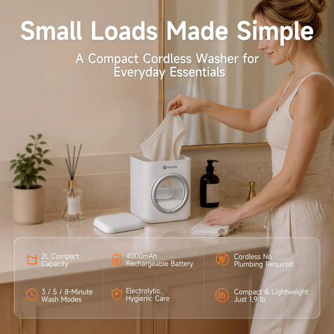 Slim Portable Mini Washer That Crushes Small Loads Without The Hassle, 2L cordless washer in a bathroom setting.