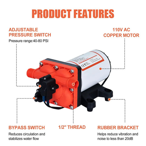 On Demand 110V Water Pressure Pump 5.5 GPM 70 PSI Self Priming Diaphragm Pump product features