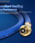 Close-up of ELYASPEED blue refrigerant hose with brass 1/4 inch flare fittings, 72 inch length, 800 psi