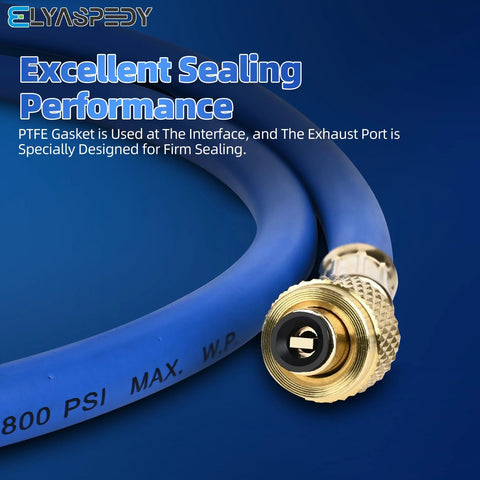 Close-up of ELYASPEED blue refrigerant hose with brass 1/4 inch flare fittings, 72 inch length, 800 psi