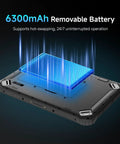 Heavy Duty Rugged Tablet With No Sweat Barcode Scanner And 12.2 Inch Windows 11 Pro Screen, Eight Plus One Twenty Eight Gig Storage showing 6300mAh removable battery.