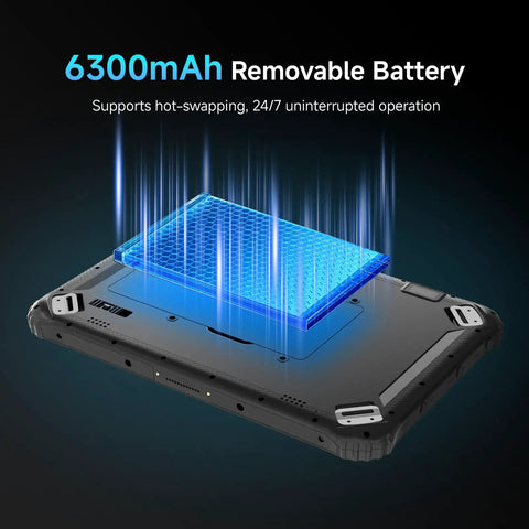 Heavy Duty Rugged Tablet With No Sweat Barcode Scanner And 12.2 Inch Windows 11 Pro Screen, Eight Plus One Twenty Eight Gig Storage showing 6300mAh removable battery.