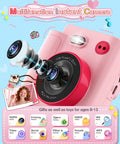 Kids Camera Instant Print 1080P HD Digital Cam For Ages 3 To 12 Boys And Girls, pink front view with 16x zoom