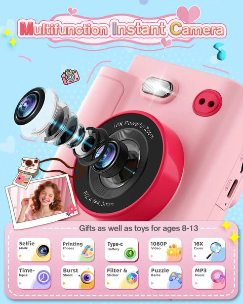 Kids Camera Instant Print 1080P HD Digital Cam For Ages 3 To 12 Boys And Girls, pink front view with 16x zoom