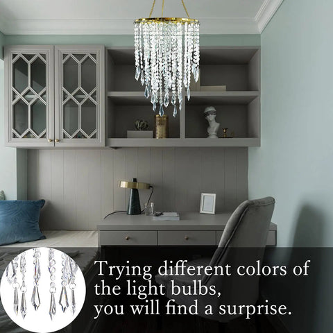 Beaded Acrylic Chandelier Pendant Light With Gold Frame 3 Tier Hanging Lampshade in a bedroom decor above desk
