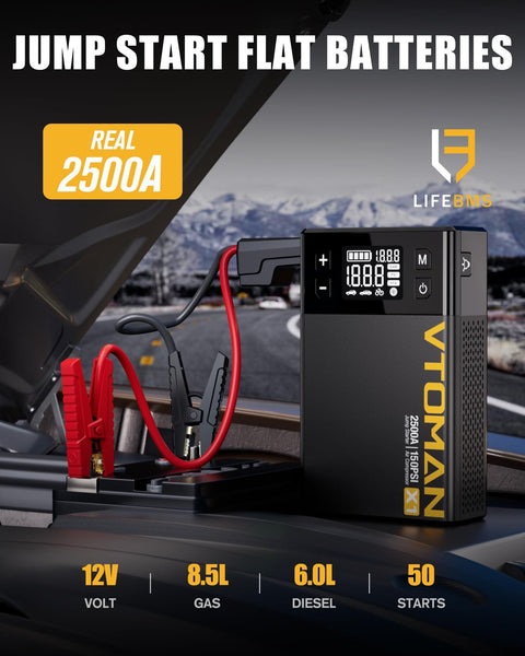 All In One Jump Starter With Air Compressor Tire Inflator Portable Power Pack And Lithium Jump Box For Cars Up To 8.5L Gas Or 6L Diesel 150 PSI 12V Booster Emergency Charger Be Ready On The Road