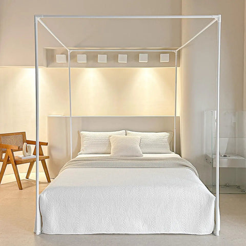Heavy Duty White Canopy Bed Frame Posts For Twin Size Beds With Sturdy Metal Corner Brackets For A Major Bedroom Glow Up And Smooth Installation That Truly Takes Care Of Business - elegant canopy bed setup with white bedding.