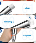 Steps showing installation of Premium PTFE Plumbers Tape 6 Roll Pack Teflon Thread Seal Tape on metal pipe for leak-proof sealing.