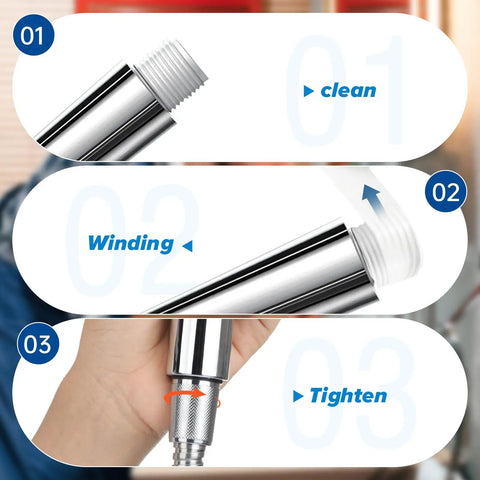 Steps showing installation of Premium PTFE Plumbers Tape 6 Roll Pack Teflon Thread Seal Tape on metal pipe for leak-proof sealing.