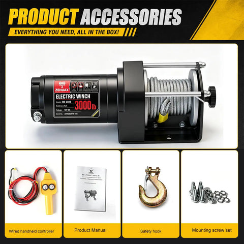 Zehuax 3000LBS 12V DC Electric Winch With Waterproof Steel Cable and Wired Remote Control for ATV UTV Vehicle Recovery accessories.