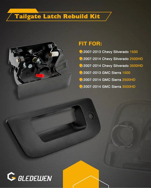 Heavy Duty Tailgate Latch Rebuild Kit For Chevy Silverado And Gmc Sierra 2007 To 2014 showing latch mechanism and handle detail.