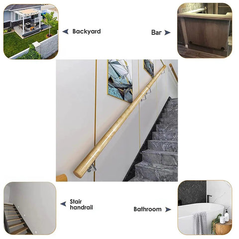 Hardcore Wood Stair Handrail Wall Mounted Banister No Sweat Setup Heavy Duty Safety Railing featuring rounded corners along staircase.