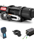 Heavy Duty 5500 Lb Electric Winch For Atv Utv With 12 Volt Motor And Waterproof Design, includes remote control and synthetic rope.