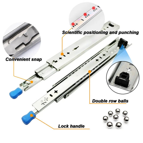 Pro Grade 2 Pack Heavy Duty Ball Bearing Drawer Slides Undermount Runners showing lock handle, double row balls, and snap design.