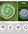 Green and colorful mosaic stepping stones made with Six Piece Round Stepping Stone Molds For Concrete, Reusable Plastic Molds In 10, 11 And 12.5 Inch Sizes For Garden Paths And Walkways