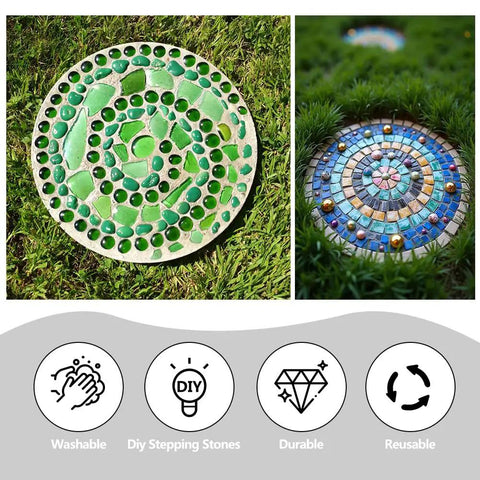 Green and colorful mosaic stepping stones made with Six Piece Round Stepping Stone Molds For Concrete, Reusable Plastic Molds In 10, 11 And 12.5 Inch Sizes For Garden Paths And Walkways
