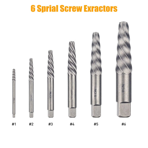 Set of 6 spiral screw extractors from the 55-Piece Easy Out Bolt Extractor Set With High Speed Steel Drill Bits