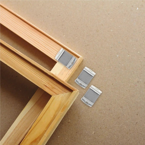 Offset Canvas Clips 100 Pcs Metal Z Shape Brackets on wooden frame for mounting artwork and furniture