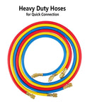 3 Piece AC Manifold Gauge Hose Kit For R134A R404A R12 R502 With One Quarter Inch Threads, Five Feet Charging Hoses, High Pressure Burst 3000 Psi