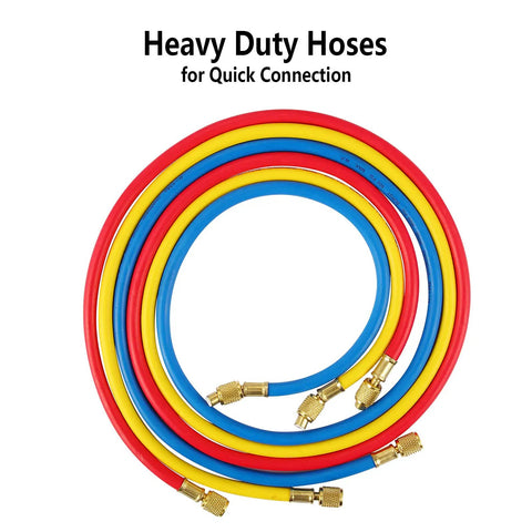 3 Piece AC Manifold Gauge Hose Kit For R134A R404A R12 R502 With One Quarter Inch Threads, Five Feet Charging Hoses, High Pressure Burst 3000 Psi