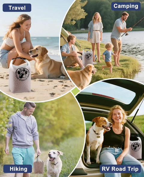 Transparent Leak Proof Pet Food Storage Bag For Travel With Roll Top Closure And Airtight Seal pictured with families and dogs outdoors