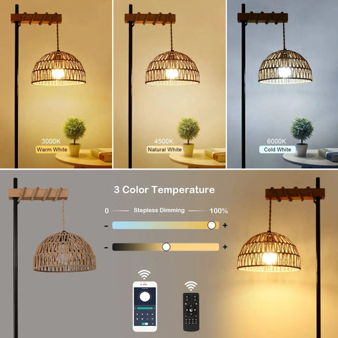 Cozy Tall Floor Lamp With Rattan Lampshade 3 Color Temperatures And Stepless Dimmer Smart Floor Lamp With Remote And App Control