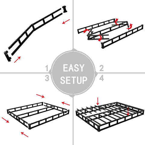 Diagram showing steps for easy setup of Built Straight Up Tough King Size Box Spring With Heavy Duty Metal Slats.