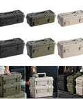 Compact Portable Tool Box With Compartmentalized Design And Secure Closure For Home And Camping, shown in Black, Green, Khaki.