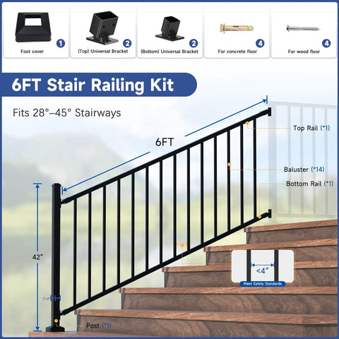 Modular Adjustable Aluminum Stair Railing Kit For Outdoor Deck Or Porch, Cuttable Length, Easy DIY Install, Fits 28 To 45 Degree Stairs, Full Textured Matte Black Finish, Includes 1 Post And 1 Panel